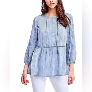 Fever Blue Stripe crew boho Peasant Top Crochet preppy blouse babydoll L